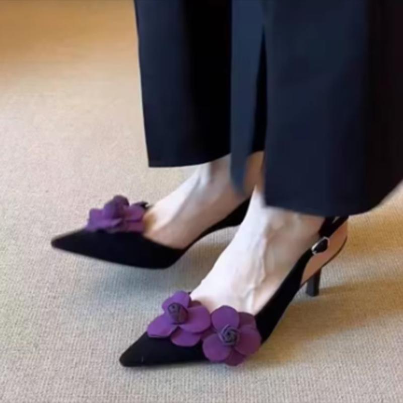 Sexy Purple Flower Sling Back Pumps Women 2025 Summer Elegant Pointed Toe High Heel Sandals French Retro Party Dress Pumps
