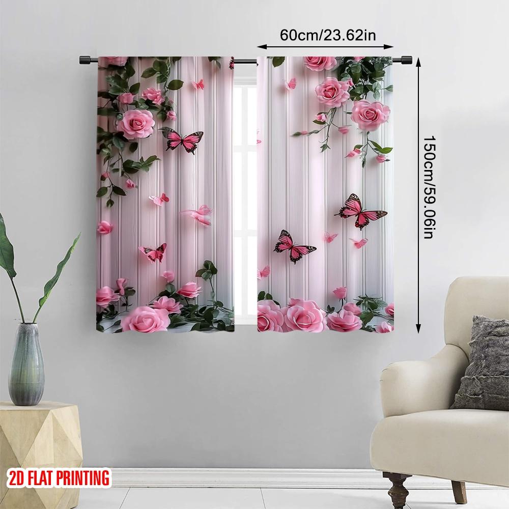 2pcs Curtain Butterfly and Pink Rose Durable 100% Polyester Fabric,Without Electricity Versatile Perfect for Holiday Decor