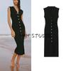 Summer New Product Women's Clothes French Style V-neck Evening Dress Ruched Decorative Sleeveless Midi Skirt Dress 3897082