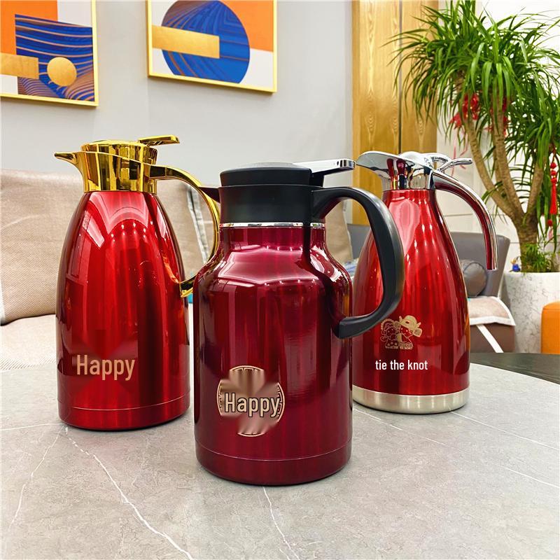 Red Stainless Steel Thermos Flask Set - Wedding Dowry Hot Water Bottles (Pair)