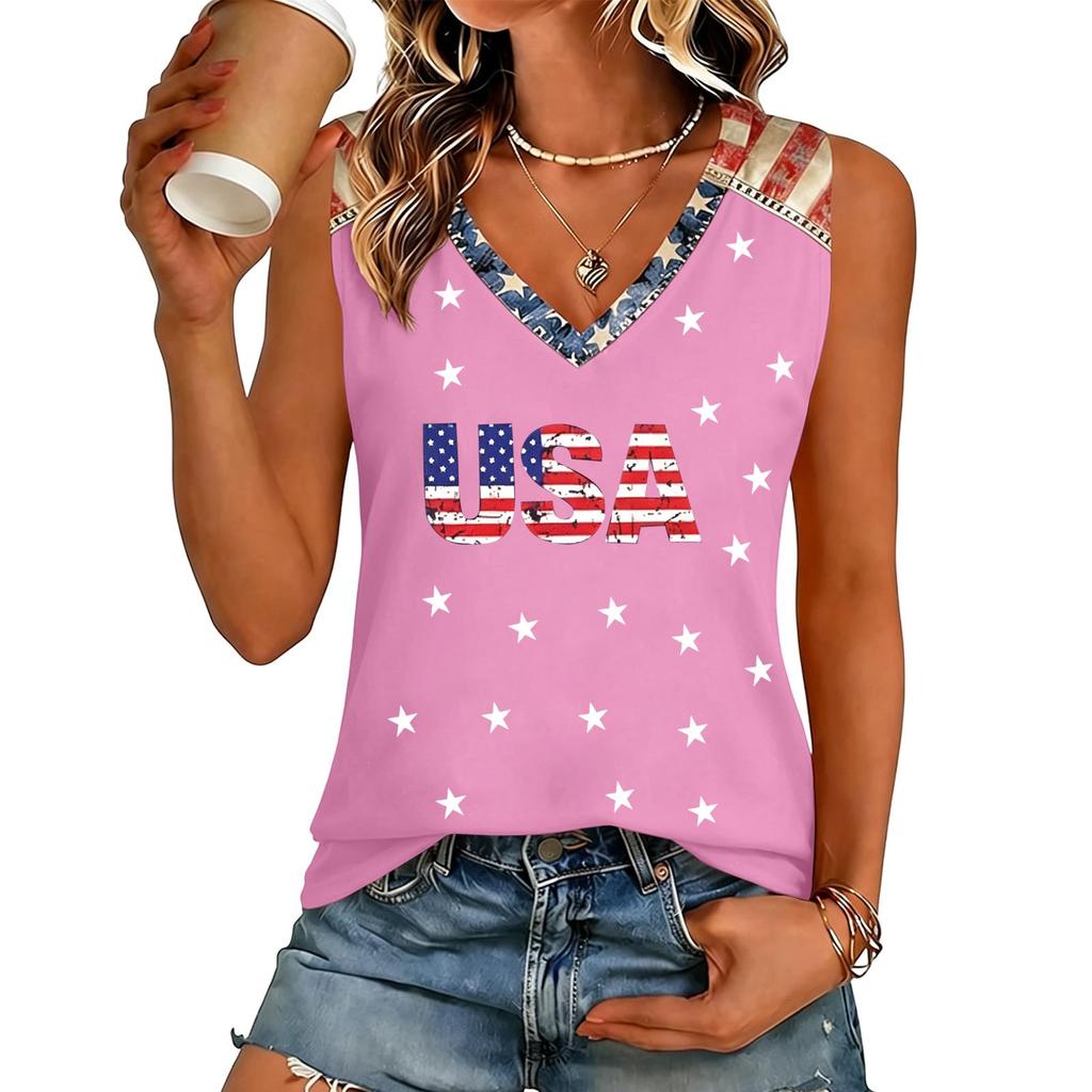 Women's V-Neck Casual Top with Patriotic Independence Day Print