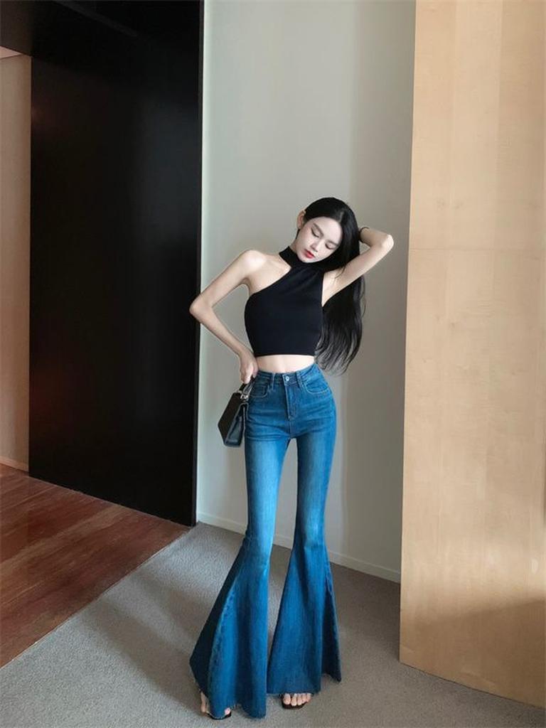 Estilo Vaqueros de Pierna Ancha para Mujer Primavera/Verano Tendencia Cintura Alta Corte Ajustado Desgastados Pierna Ancha Pantalones de Largo Hasta el Suelo