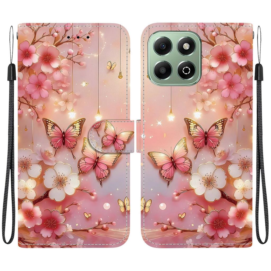 Handmade PU Leather Flip Case for Honor X6b Anti-Slip Shockproof Cover with Wrist Strap & Heart/Rose Cat Designs