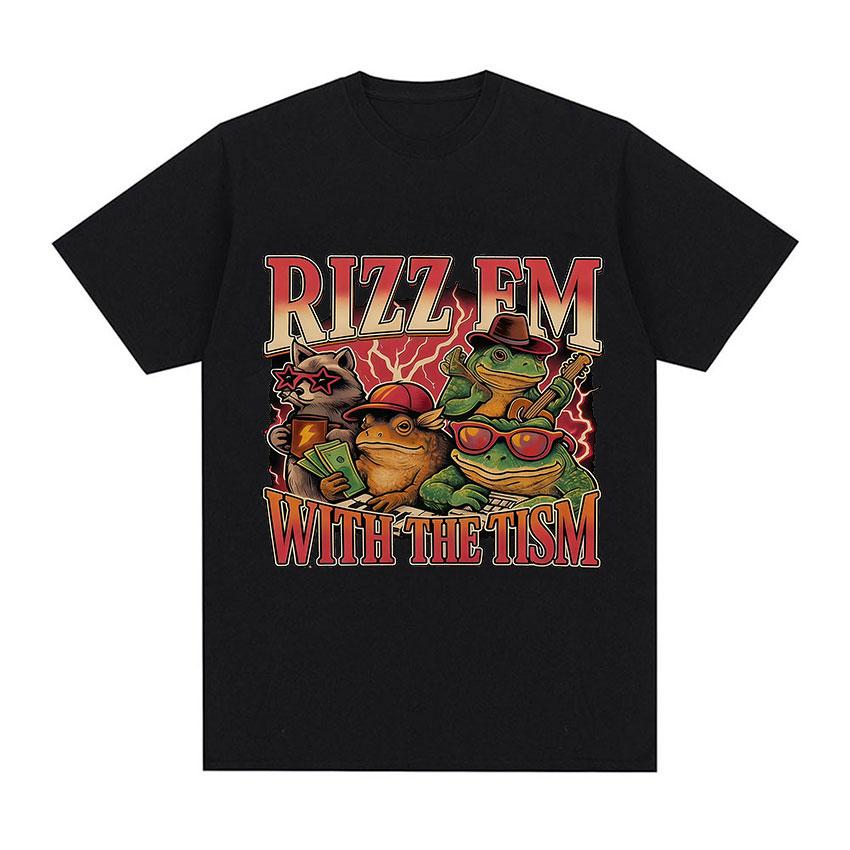 

Rizz Em with The Tism Frog Band TShirt Retro Humor Funny Raccoon Meme Design T Shirt Men Women Fashion High Quality Cotton Tees 4XL