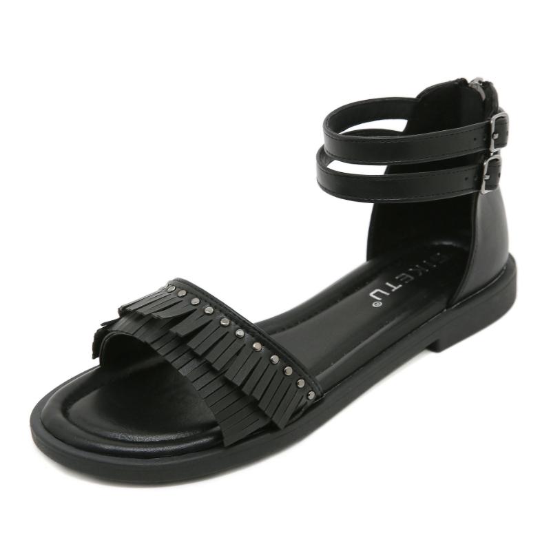 

Brown Fringe Flat Sandals With Studded Detail Double Ankle Strap Back Zipper Comfortable Open Toe Summer Shoes For Daily Walking 36