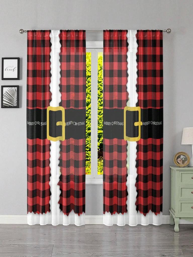 Christmas Santa Claus Curtains Set Polyester Festive Red Bedroom Doorway Drapes, Landscape and Flowers Design for New Year Decor