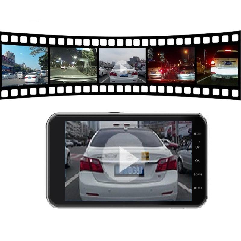 4-inch Dashcam, IPS HD 1080P Car DVR, Dual Front and Rear Cameras, Supports Reversing Camera Function.