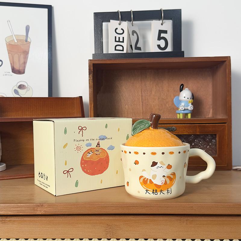 Cute Orange Cat Mug with Lid Creative Good Luck Cup Girls Home Coffee Cup Chinese New Year Gift