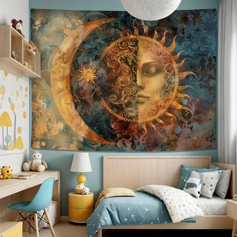 2D Boho Sun Moon Face Wall Tapestry, Mystical Astrology Art Wall Hanging for Home Decoration