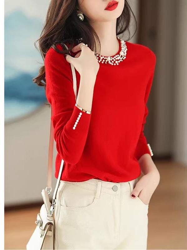2026 Autumn/Winter Women's Elegant European Style Round Neck Beaded Knit Sweater