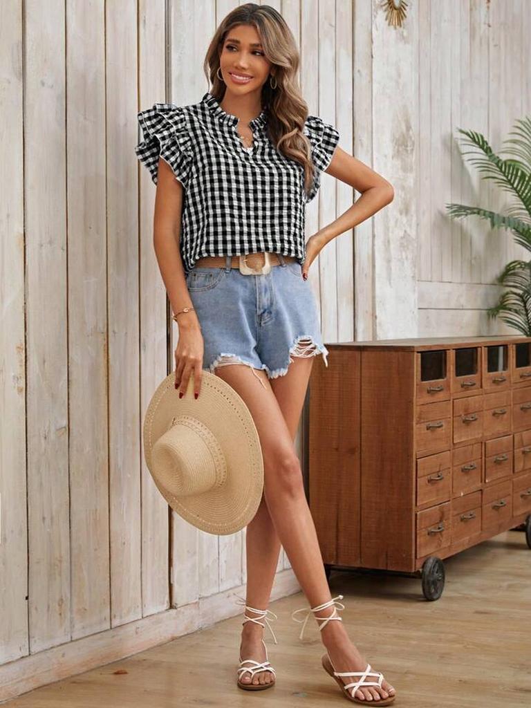 Summer Tops Double Layer Ruffled Hem Cute Sweet Girls' Dresses Check Short Sleeve