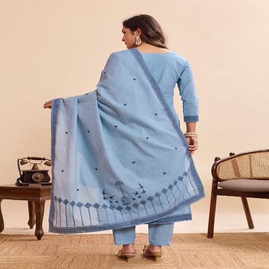 Serene Powder Blue: Geometric Embroidered Cotton Kurta Set with Matching Dupatta