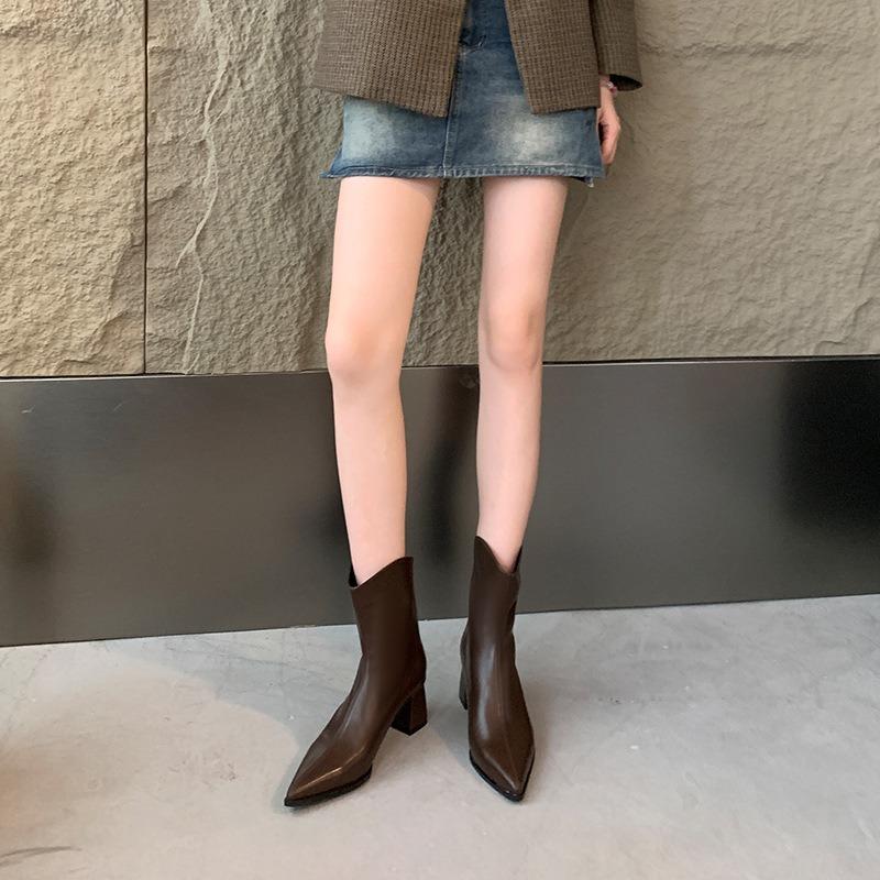 Thick heel square head short boots women's fat mm high heel elastic thin boots thick legs big tube circumference large size women's shoes