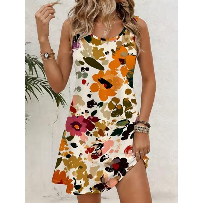 Women's Rose Butterfly Printed Sleeveless Round Neck Dress Loose Soft and Comfortable Plus Size Dress