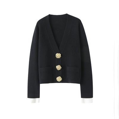 Brand Designer Elegant Knitted Sweater Women Big Gold Buttons Cardigan Coat Vintage Chic Fashion Contrast Color Long Sleeve Jumpers