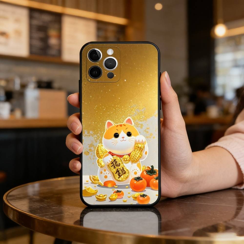 C-Cartoon Lucky Cat Soft Silicone Black Cover,Phone Case For iPhone 17,16,15,14,13,12,11 Plus,Pro Max,XS