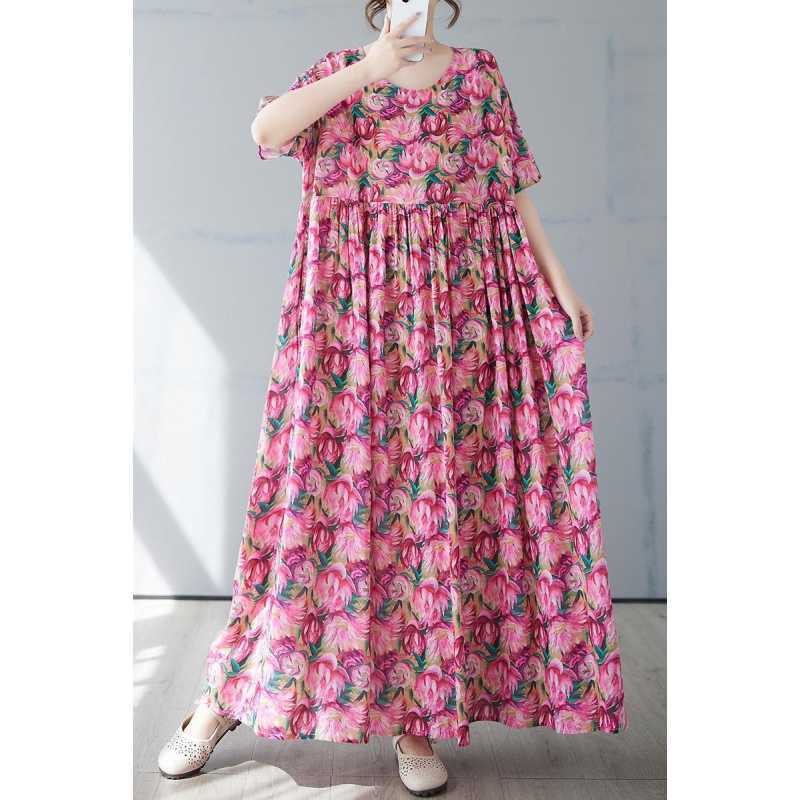 Women's Simple and Fashionable Long Skirt Summer Short Sleeved Round Neck Printed Dress