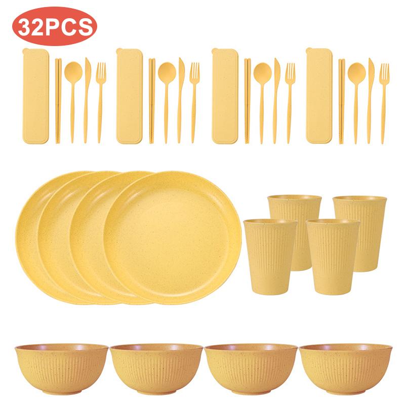 32/36pcs Wheat Straw Cutlery Set Spoon Fork Chopsticks Tableware Picnic Camping Cup Bowl Dish Dinnerware Set Kitchen Accessories