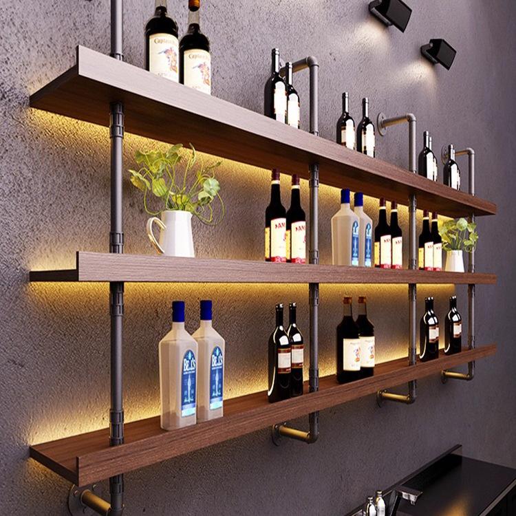 Industrial Wall-Mounted Luminous Shelves: Retro Bookshelf & Wine Rack for Restaurants or Bars