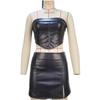 Outfitgirl Fashion Black PU Leather Tube Top Backless Crop Top Sexy Top Hip Split Skirt Suit