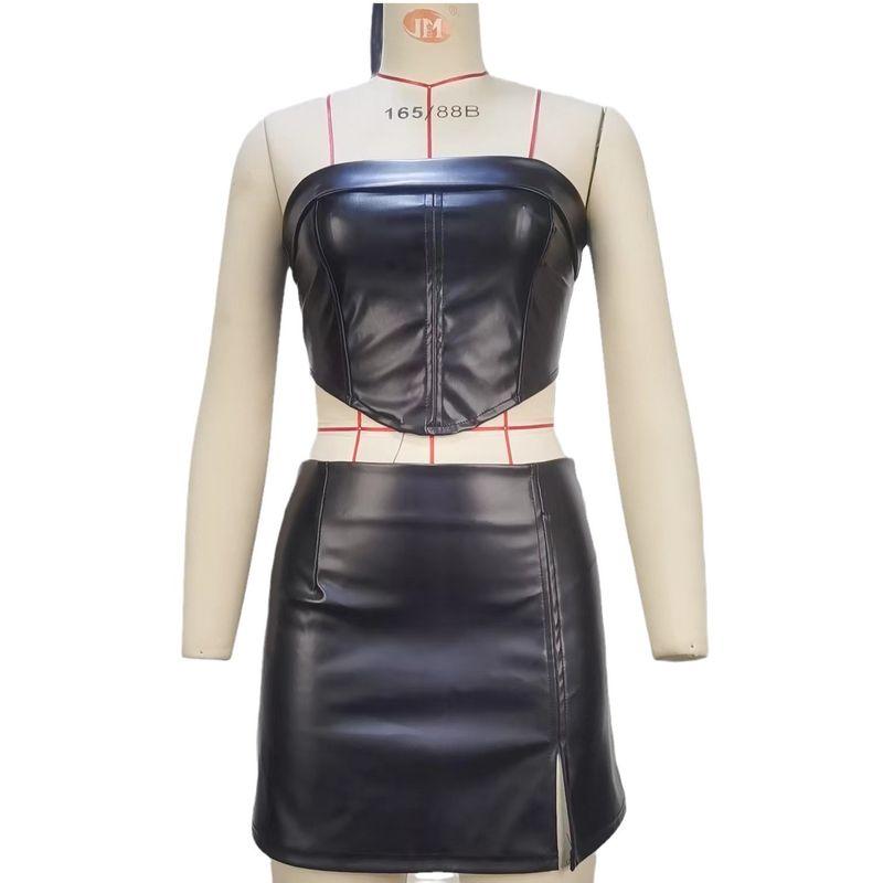 Outfitgirl Fashion Black PU Leather Tube Top Backless Crop Top Sexy Top Hip Split Skirt Suit