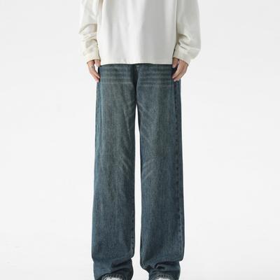 Retro Blue Straight Loose Jeans for Men and Women Trendy Neutral Style Couples Versatile Wide-leg Pants