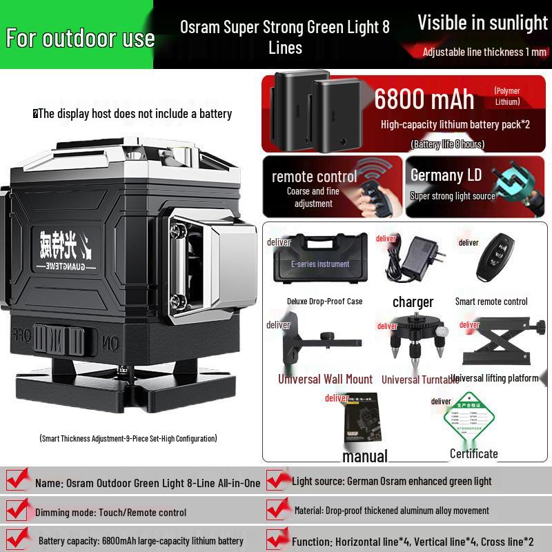 12-Line Green Laser Level with Automatic Leveling for Walls and Floors