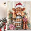 Highland Cow Christmas Shower Curtain, Funny Cute Animals Rustic Wooden Flower Board Winter Farmhouse Snow Bathroom Curtains