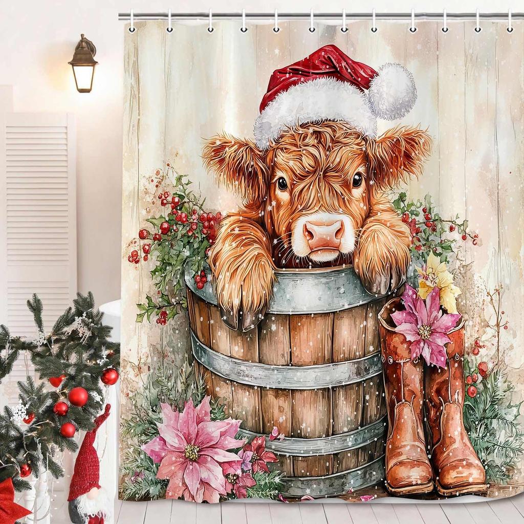 Highland Cow Christmas Shower Curtain, Funny Cute Animals Rustic Wooden Flower Board Winter Farmhouse Snow Bathroom Curtains