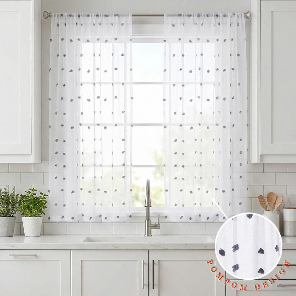 Kitchen Curtains, 2-Piece Set, Polka Dot Jacquard, Rod Pocket Top
