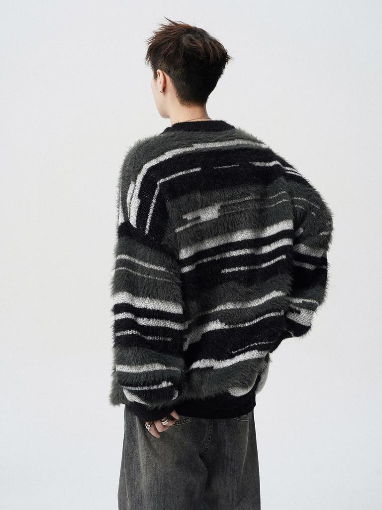 European Plus Size Mink Velvet Striped Knit Men's Sweater - Soft, Fluffy, Trendy for Autumn/Winter