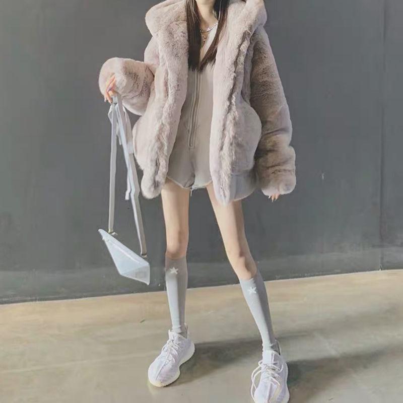 

Свободная плюшевая куртка из искусственного меха женская легкая зимняя милая куртка-худи имитация кролика рекс средней длины XXL абрикосовый