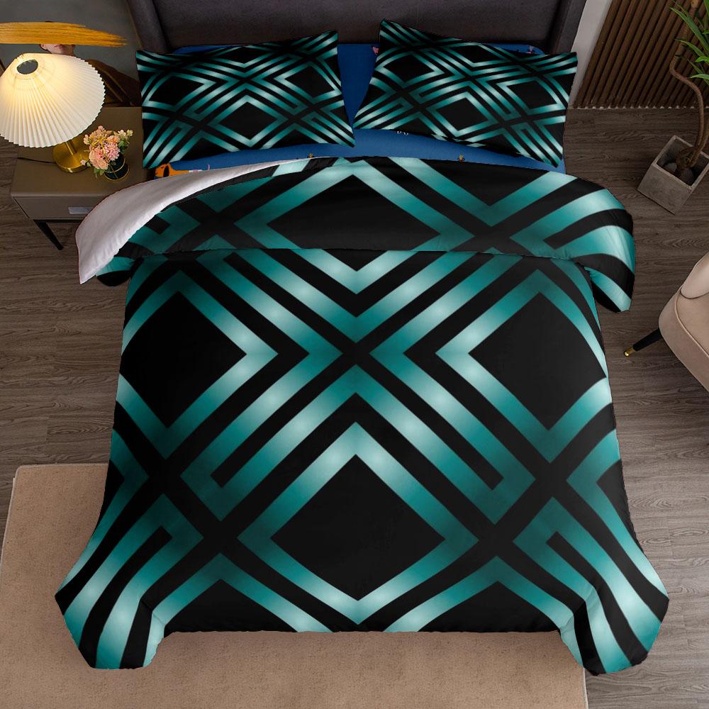 Teal Geo Stripes Retro Art Duvet Cover Set UK Single Double Queen US Twin Full King Size Bed Linen Set