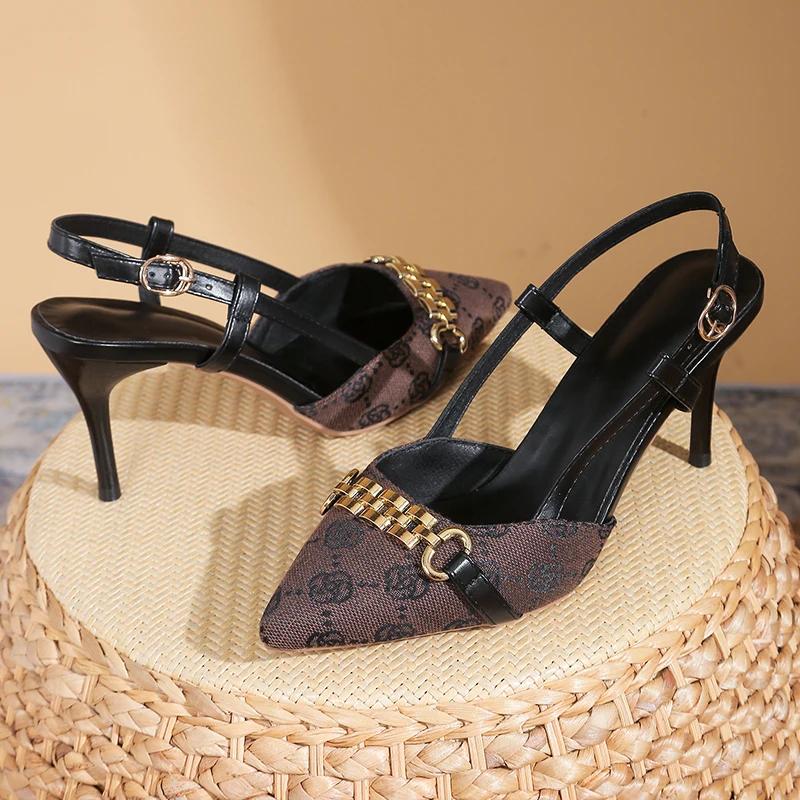 Fashion Women's Fashion Baotou Sandals Summer New Pointed Head Shallow Mouth Metal Buckle Anti-slip Wear-resistant High Heels