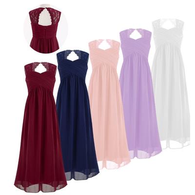 Kids Girls Lace Patchwork Chiffon Party Dress Sweetheart Lace Strap Ruched Cut-out Back High Waist Floor Length Dress
