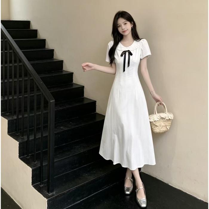 French First Love Doll Collar Huge Good-looking Dress Women's Summer College Style Gentle White Short-sleeved Temperament Long Skirt