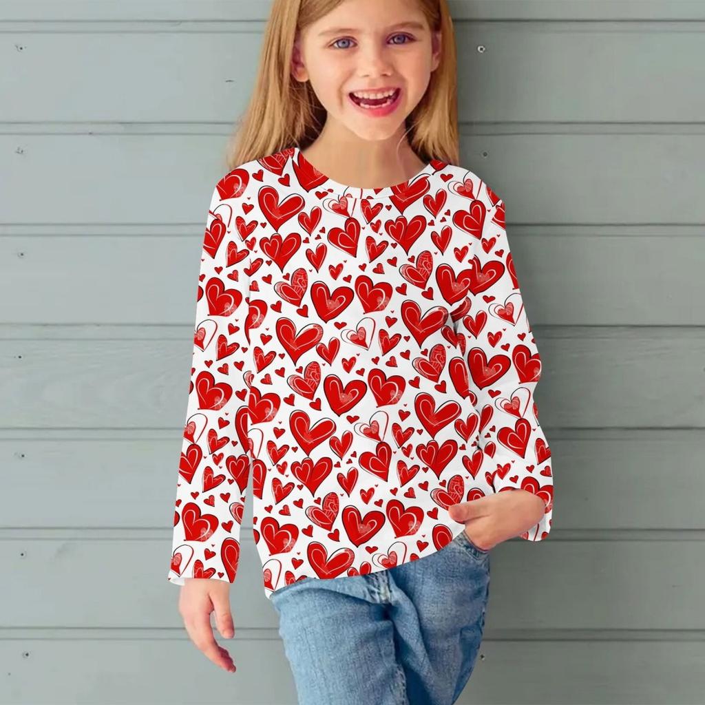 Fashion Children Casual Long Sleeved Letter Heart Pattern 3D Print Tops Funny Style Comfortable Round Neck Pullover Clothing