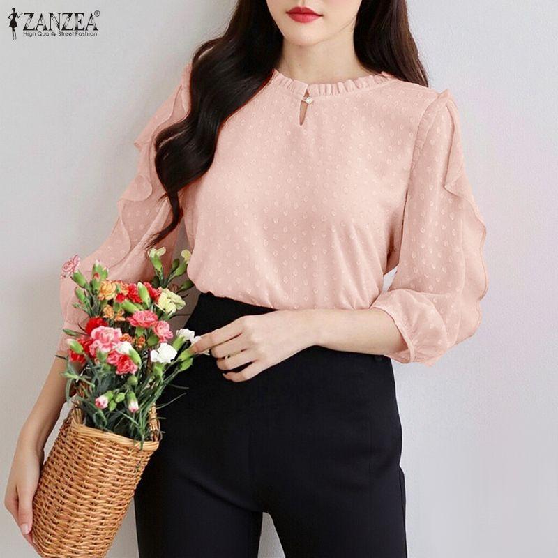 ZANZEA Womens Casual Ruffles Splice 3/4 Sleeve Summer Sheer Cover Up Blouse