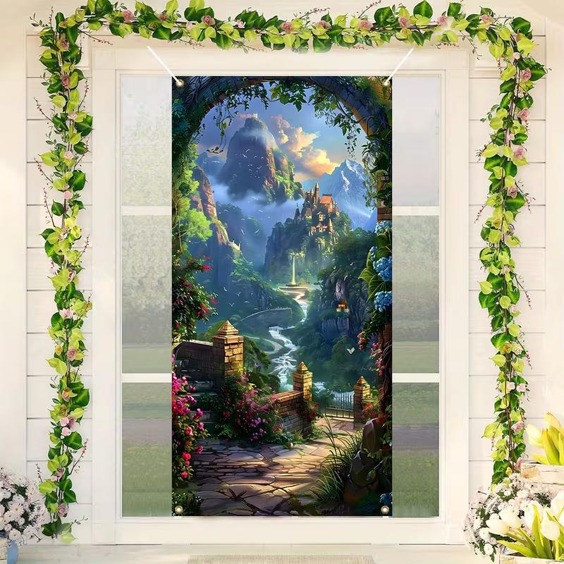 

2D Magical Fairytale Castle Garden with Flowers Door Decoration 47.2x31.5inch/120*80cm
