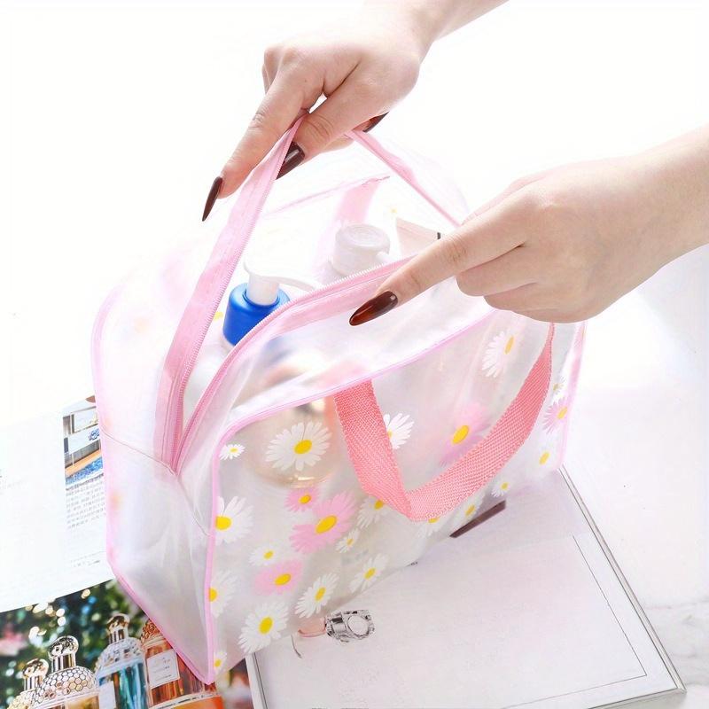 1pc Daisy Print Handbag Portable Beach Wash Bag Large Capacity Makeup Bag PVC Swimming Bath Bag Clothing Storage Tote Bag