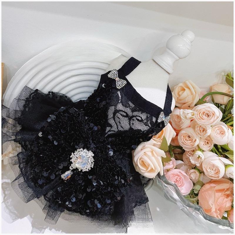 Black Red Gothic Pet Halter Dress Shiny Sequins Bling Crystal Brooch Double Bows Lace Ruffle Mesh Princess Sundress Pet Clothes