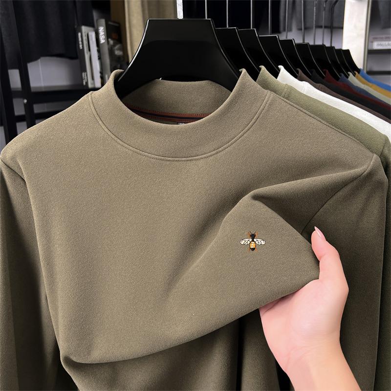 Men's Semi High Neck Velvet Long Sleeve Pullover Hoodie Winter Warm Heat Storage Print Casual Trend Menswear