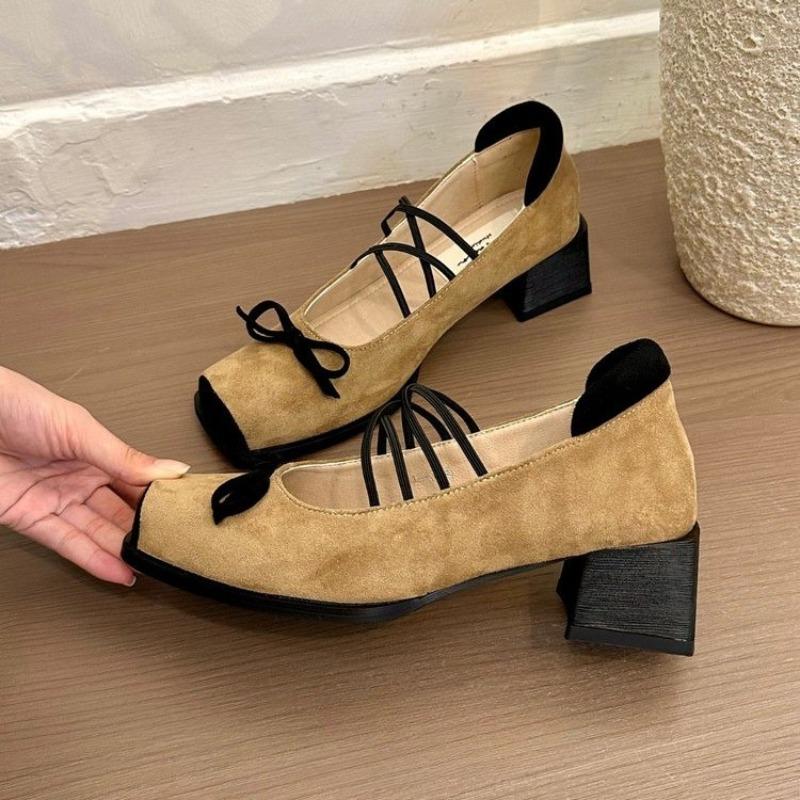 Fashion Autumn New Coarse Heel Single Shoes Women's Square Head Shallow Mouth Suede Butterfly Knot Soft Sole Non-slip Low Top Shoes