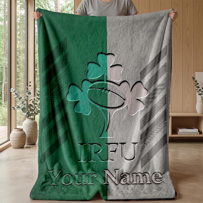 Ireland Rugby Custom Flannel Throw Blanket Print Your Name Text Soft Warm Blanket Holiday Present