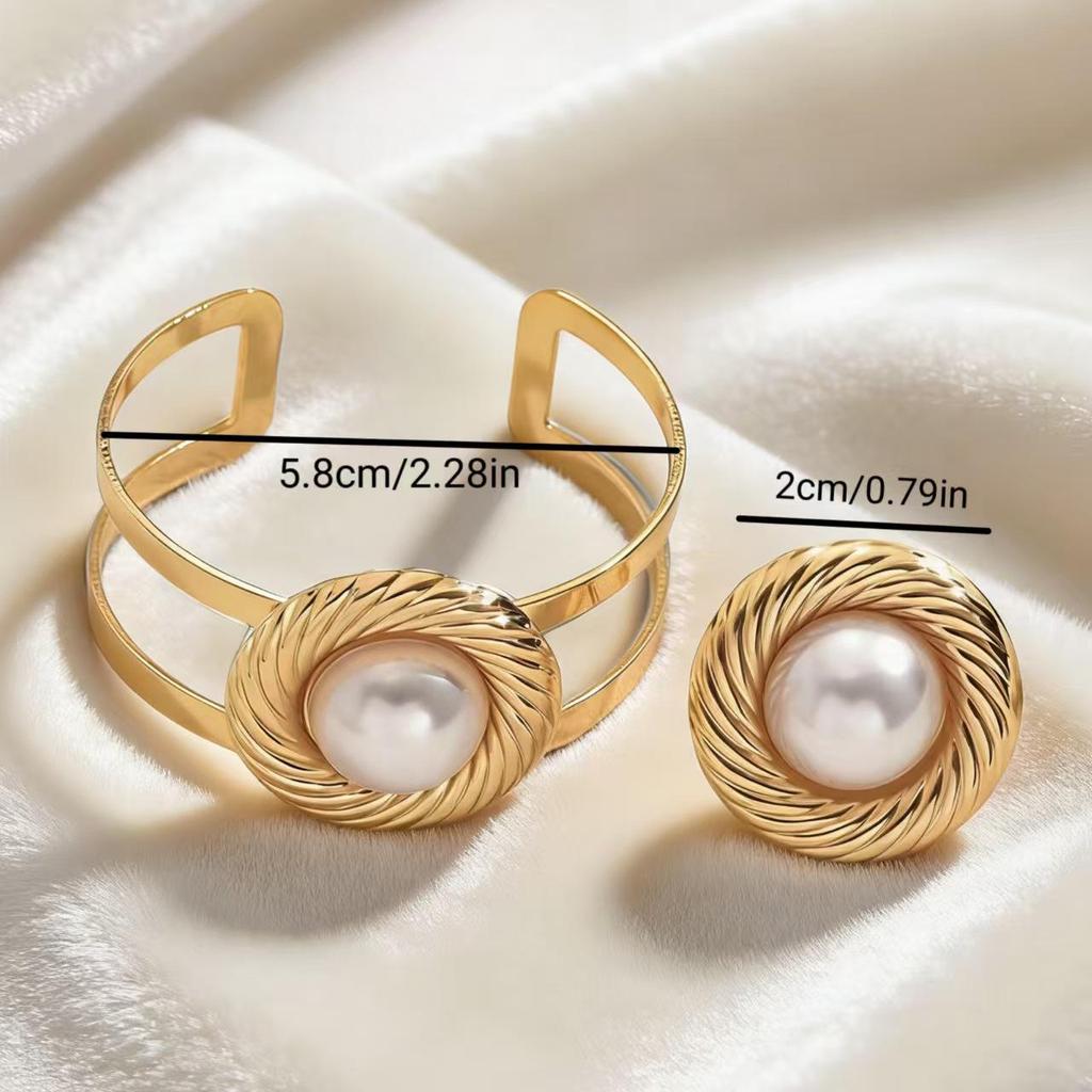 Set Bracciale & Anello Metallico con Perle a Spirale Regolabile - Gioielli Geometrici da Donna