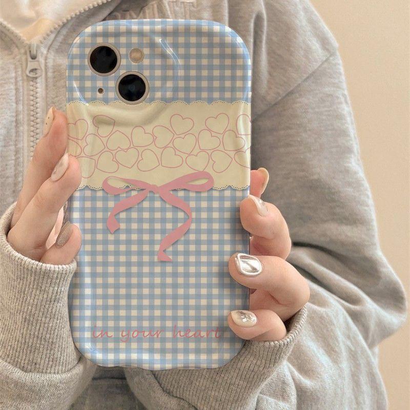 Blue Grid Bow Love Applies Apple 14 Cream Shell 15pro All-inclusive Soft 16promax Cute 15 16
