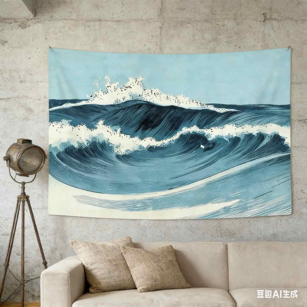 1pc Minimalist Ukiyoe Wave Print Tapestry Polyester 2D Flat Wall Hanging for Bedroom Living Room Ocean Decor Artistic Gift