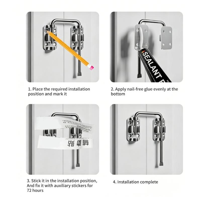 Door Bolt Fastener Metal Body with Adhesive Tape and Screws for Door Window Cabinet Fitting In Home Repair Use