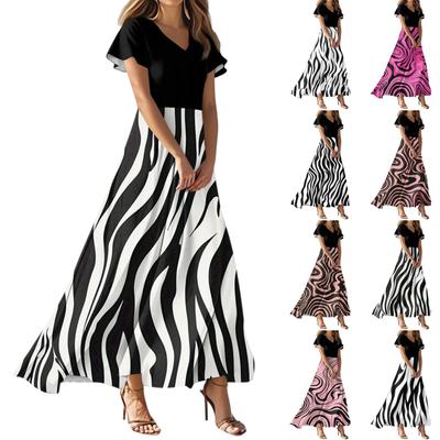 Women's Summer Casual Fashion Striped Printed Dress V Neck Short Sleeve Dress