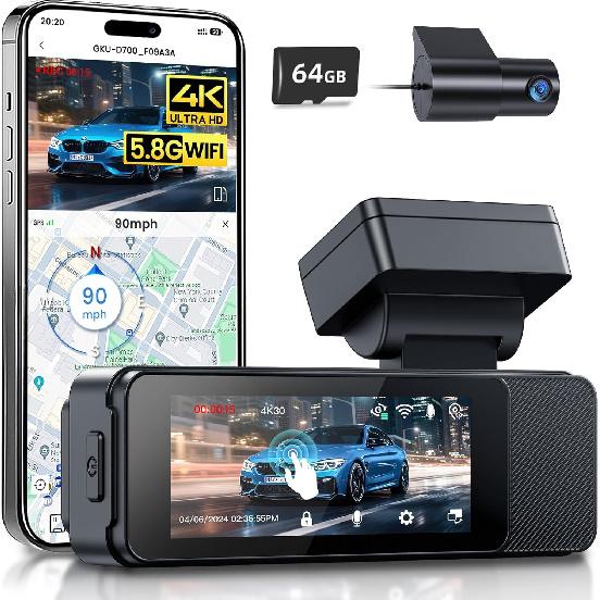 GKU Dash Cam Front and Rear, 3.18'' Touchscreen, 4K+1080P Dashcam, Built-in GPS, 5.8GHz WiFi Dash Camera for Cars with 24H Parking Monitor, Night
